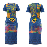 Hawaii Ocean Couples Matching Short Sleeve Bodycon Dress and Hawaiian Shirt Pineapple Turtle and Mango Reef Triggerfish and Kakau Tattoo LT03 - Polynesian Pride