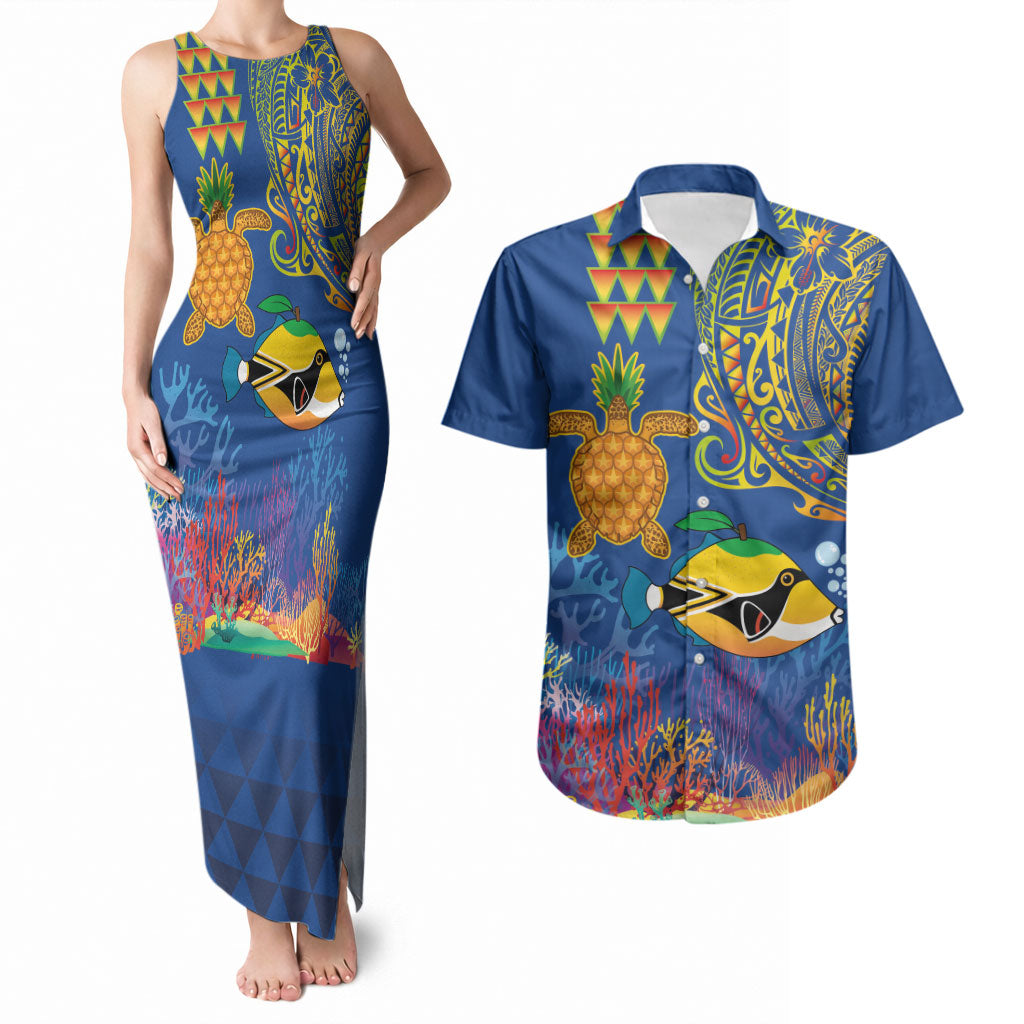 Hawaii Ocean Couples Matching Tank Maxi Dress and Hawaiian Shirt Pineapple Turtle and Mango Reef Triggerfish and Kakau Tattoo