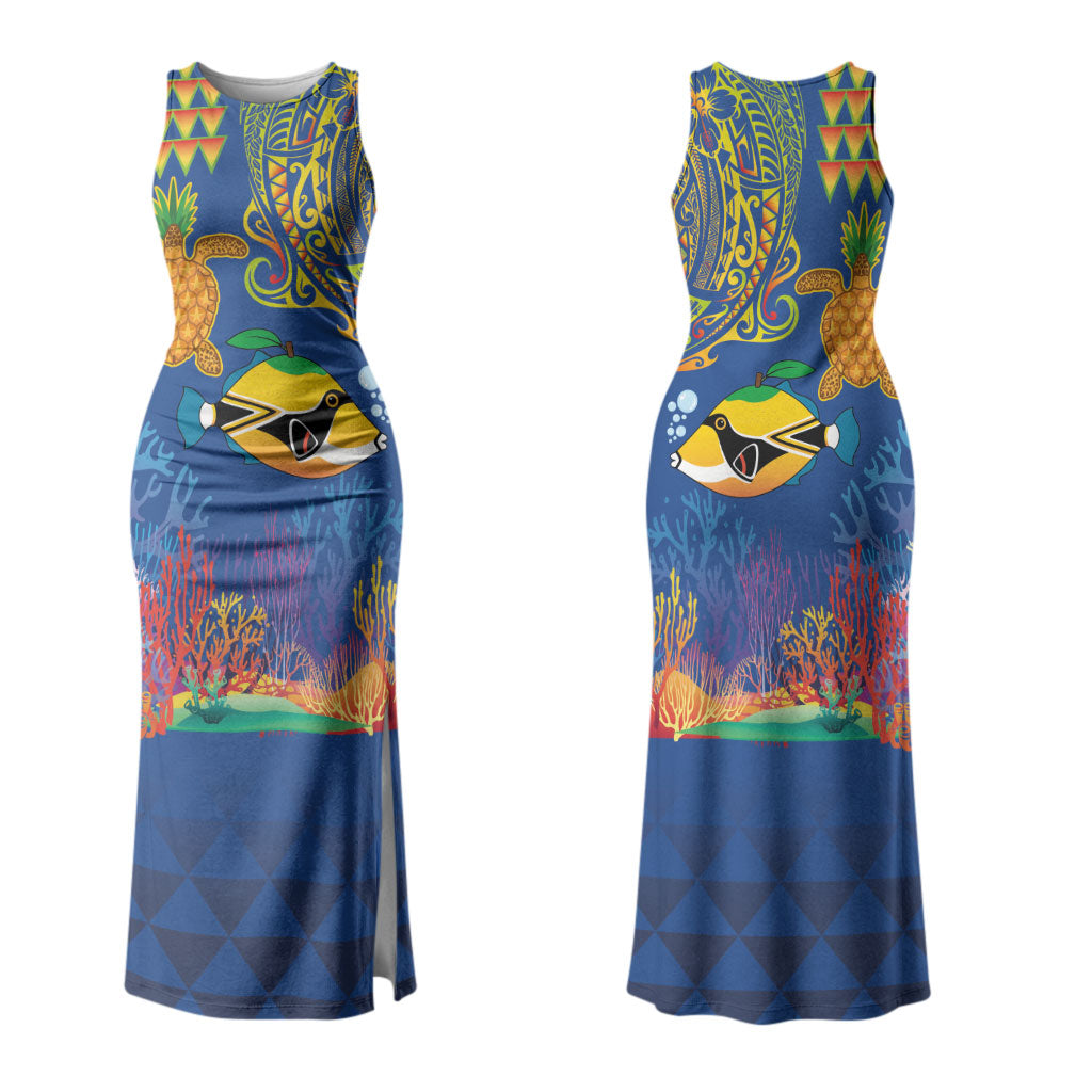 Hawaii Ocean Couples Matching Tank Maxi Dress and Hawaiian Shirt Pineapple Turtle and Mango Reef Triggerfish and Kakau Tattoo LT03 - Polynesian Pride