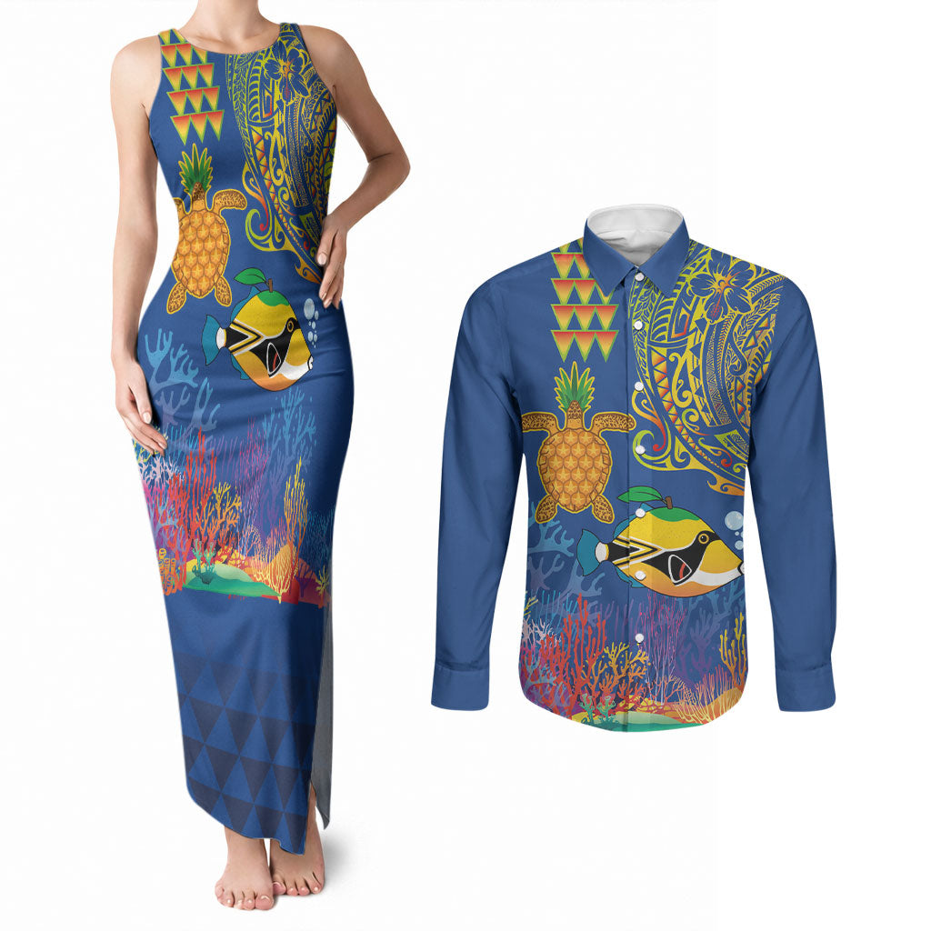 Hawaii Ocean Couples Matching Tank Maxi Dress and Long Sleeve Button Shirt Pineapple Turtle and Mango Reef Triggerfish and Kakau Tattoo