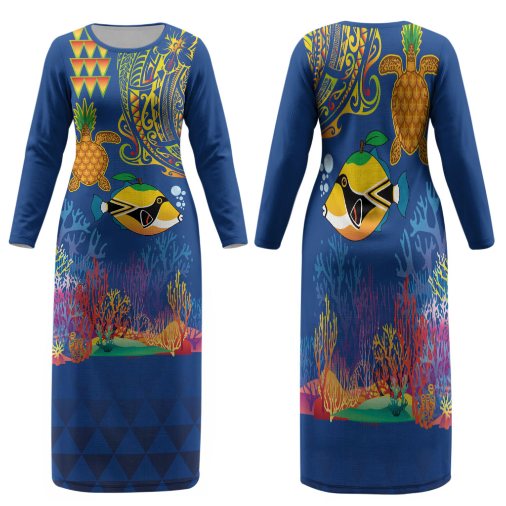 Hawaii Ocean Family Matching Long Sleeve Bodycon Dress and Hawaiian Shirt Pineapple Turtle and Mango Reef Triggerfish and Kakau Tattoo LT03 Mom's Dress Multicolor - Polynesian Pride