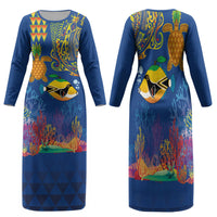 Hawaii Ocean Family Matching Long Sleeve Bodycon Dress and Hawaiian Shirt Pineapple Turtle and Mango Reef Triggerfish and Kakau Tattoo LT03 Mom's Dress Multicolor - Polynesian Pride