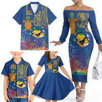 Hawaii Ocean Family Matching Off The Shoulder Long Sleeve Dress and Hawaiian Shirt Pineapple Turtle and Mango Reef Triggerfish and Kakau Tattoo LT03 - Polynesian Pride