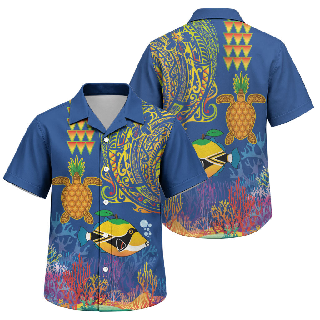 Hawaii Ocean Family Matching Off The Shoulder Long Sleeve Dress and Hawaiian Shirt Pineapple Turtle and Mango Reef Triggerfish and Kakau Tattoo LT03 Son's Shirt Multicolor - Polynesian Pride