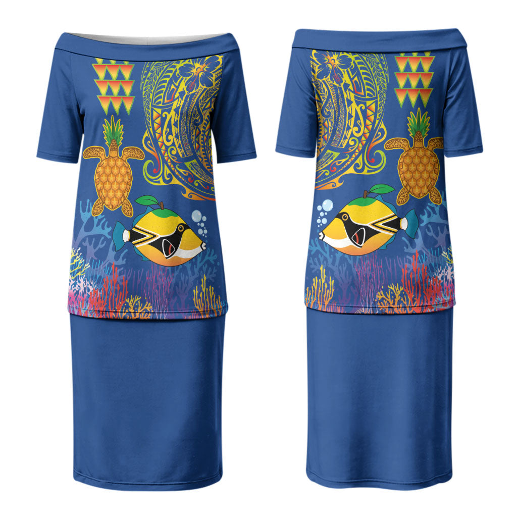 Hawaii Ocean Family Matching Puletasi and Hawaiian Shirt Pineapple Turtle and Mango Reef Triggerfish and Kakau Tattoo LT03 Mom's Dress Multicolor - Polynesian Pride