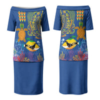 Hawaii Ocean Family Matching Puletasi and Hawaiian Shirt Pineapple Turtle and Mango Reef Triggerfish and Kakau Tattoo LT03 Mom's Dress Multicolor - Polynesian Pride