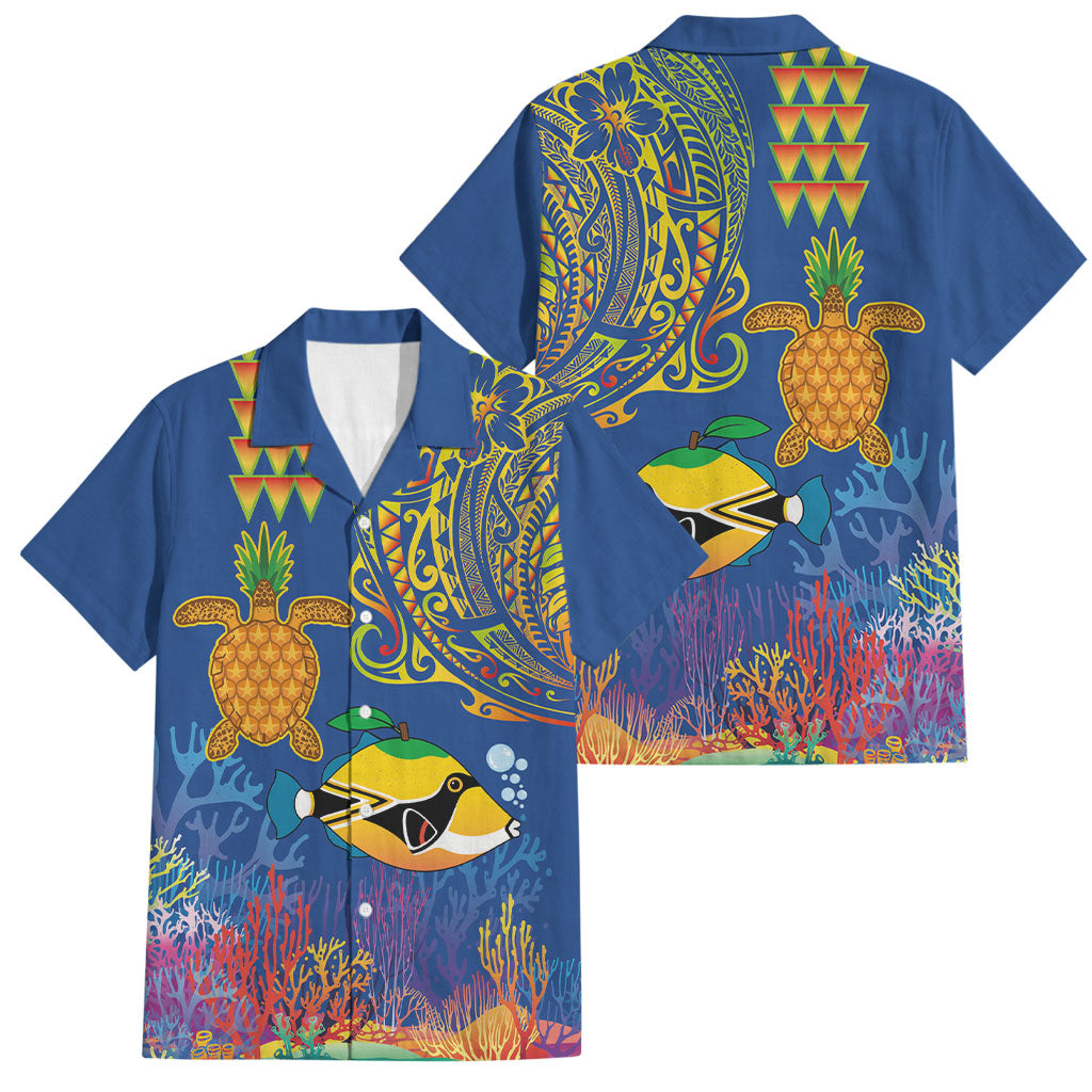 Hawaii Ocean Family Matching Puletasi and Hawaiian Shirt Pineapple Turtle and Mango Reef Triggerfish and Kakau Tattoo LT03 Dad's Shirt - Short Sleeve Multicolor - Polynesian Pride