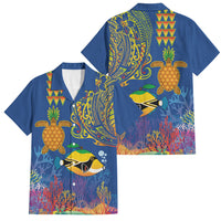Hawaii Ocean Family Matching Puletasi and Hawaiian Shirt Pineapple Turtle and Mango Reef Triggerfish and Kakau Tattoo LT03 Dad's Shirt - Short Sleeve Multicolor - Polynesian Pride