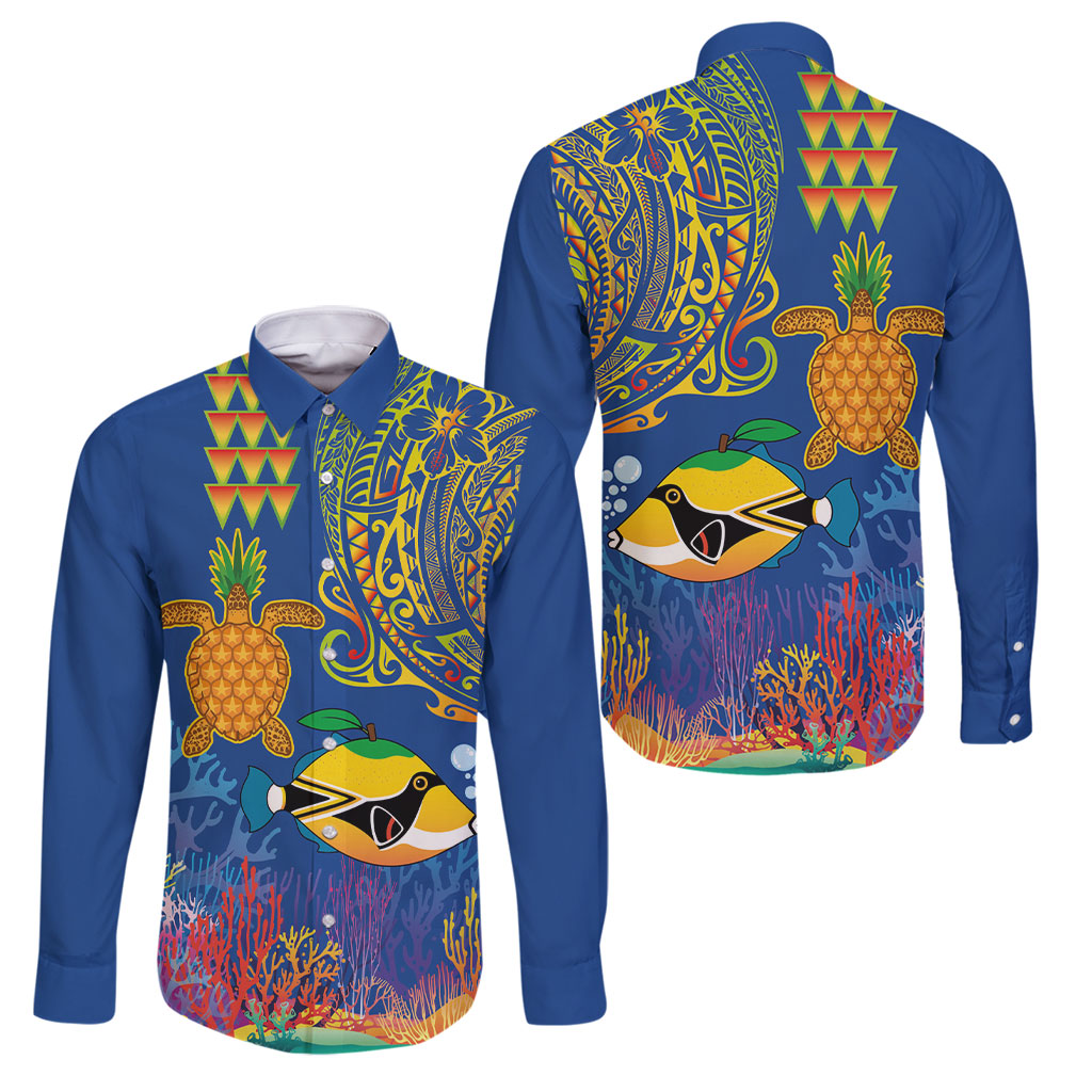 Hawaii Ocean Family Matching Puletasi and Hawaiian Shirt Pineapple Turtle and Mango Reef Triggerfish and Kakau Tattoo LT03 Dad's Shirt - Long Sleeve Multicolor - Polynesian Pride