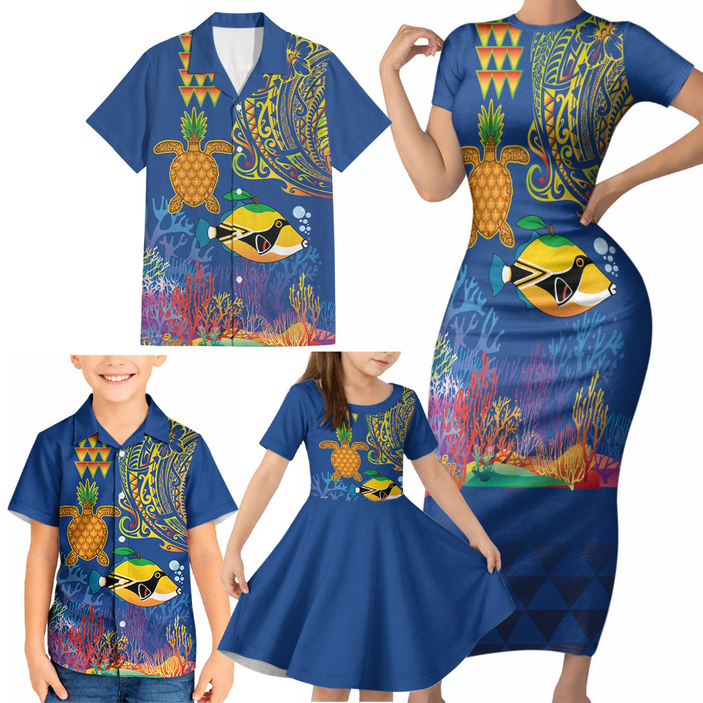Hawaii Ocean Family Matching Short Sleeve Bodycon Dress and Hawaiian Shirt Pineapple Turtle and Mango Reef Triggerfish and Kakau Tattoo