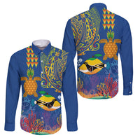 Hawaii Ocean Family Matching Short Sleeve Bodycon Dress and Hawaiian Shirt Pineapple Turtle and Mango Reef Triggerfish and Kakau Tattoo LT03 Dad's Shirt - Long Sleeve Multicolor - Polynesian Pride