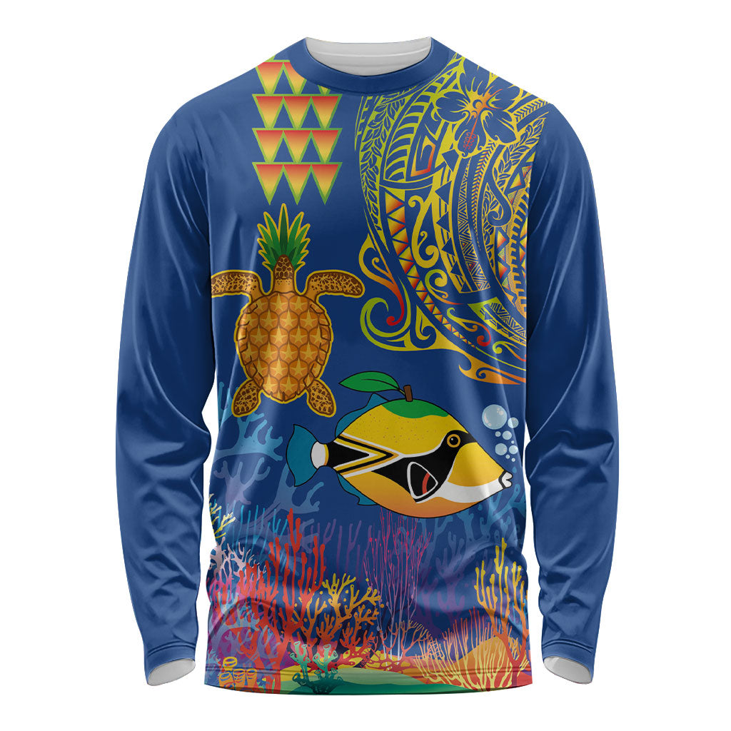 Hawaii Ocean Long Sleeve Shirt Pineapple Turtle and Mango Reef Triggerfish and Kakau Tattoo LT03 Unisex Multicolor - Polynesian Pride