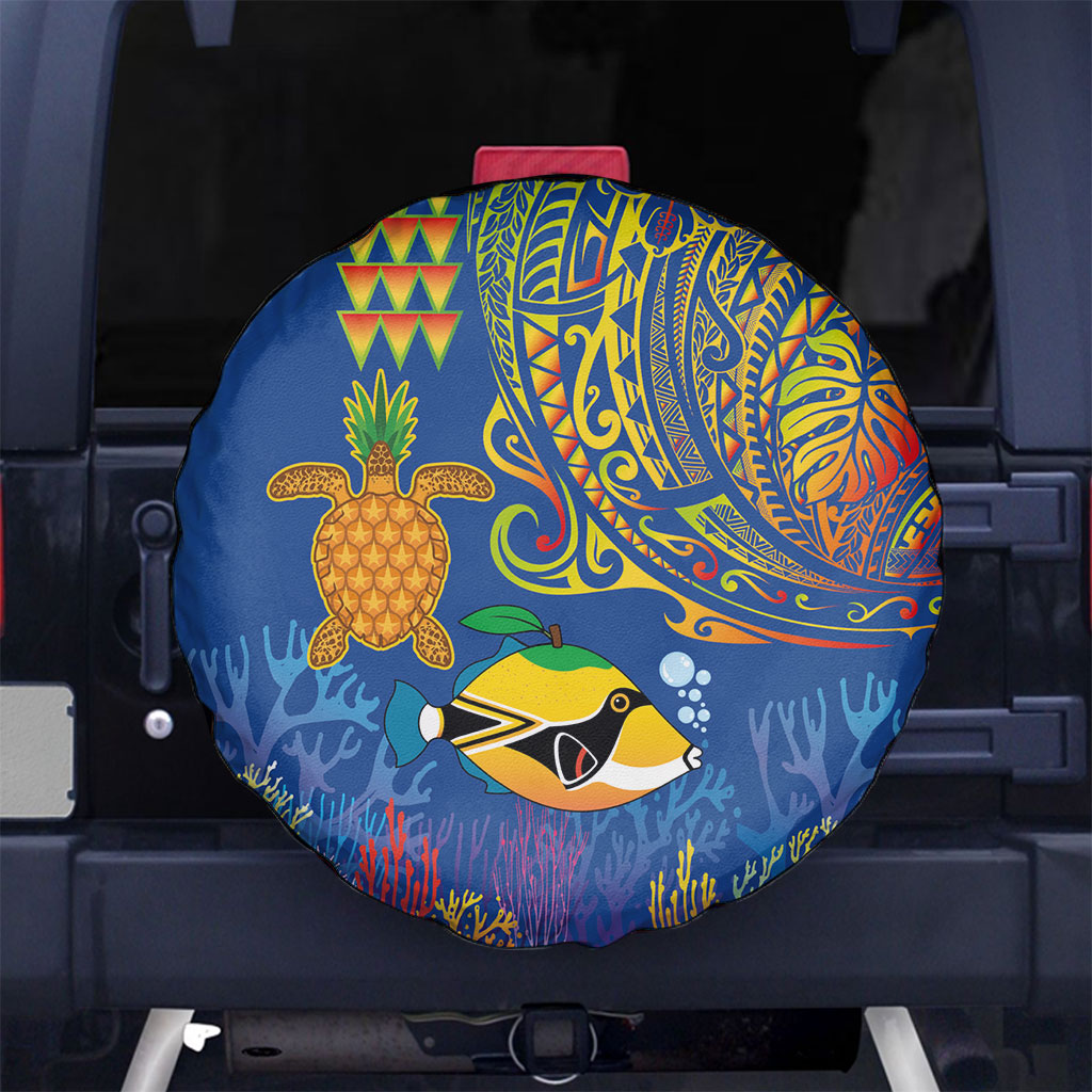 Hawaii Ocean Spare Tire Cover Pineapple Turtle and Mango Reef Triggerfish and Kakau Tattoo LT03 No hole Multicolor - Polynesian Pride