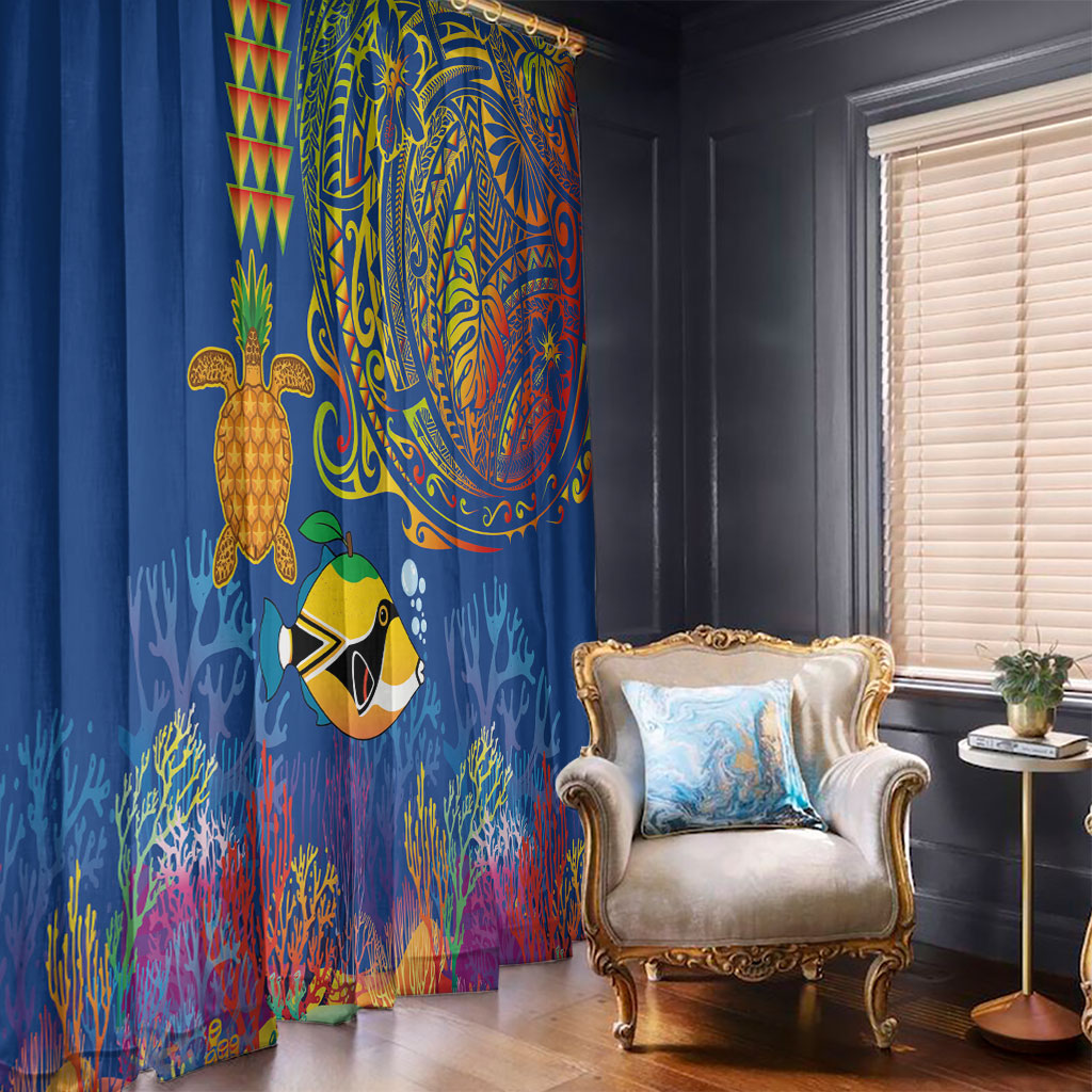 Hawaii Ocean Window Curtain Pineapple Turtle and Mango Reef Triggerfish and Kakau Tattoo LT03 - Polynesian Pride