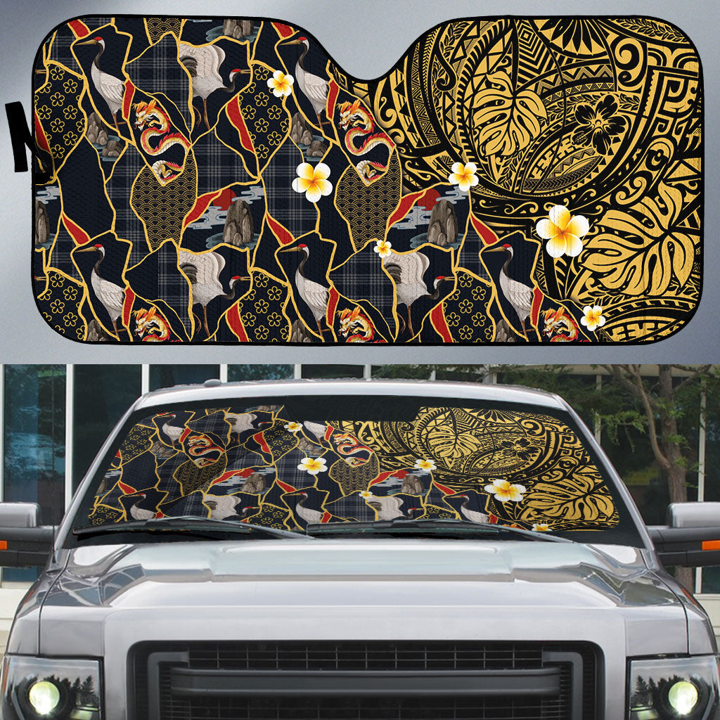 Hawaiian and Japanese Auto Sun Shade Polynesian Tattoo with Japanese Culture Kintsugi Style LT03 Multicolor - Polynesian Pride