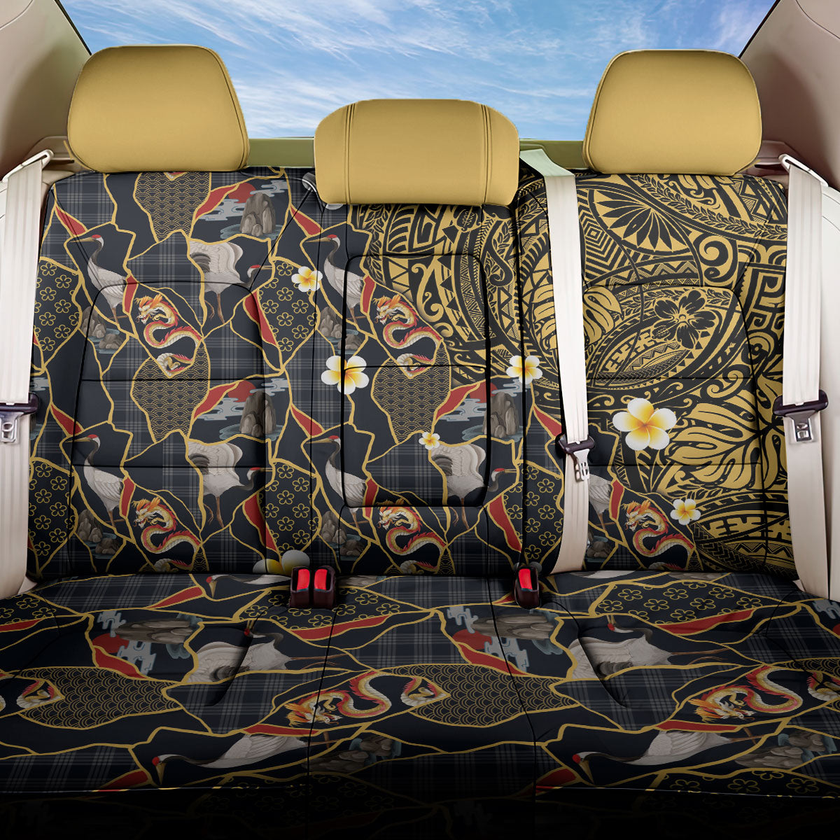 Hawaiian and Japanese Back Car Seat Cover Polynesian Tattoo with Japanese Culture Kintsugi Style LT03 One Size Multicolor - Polynesian Pride