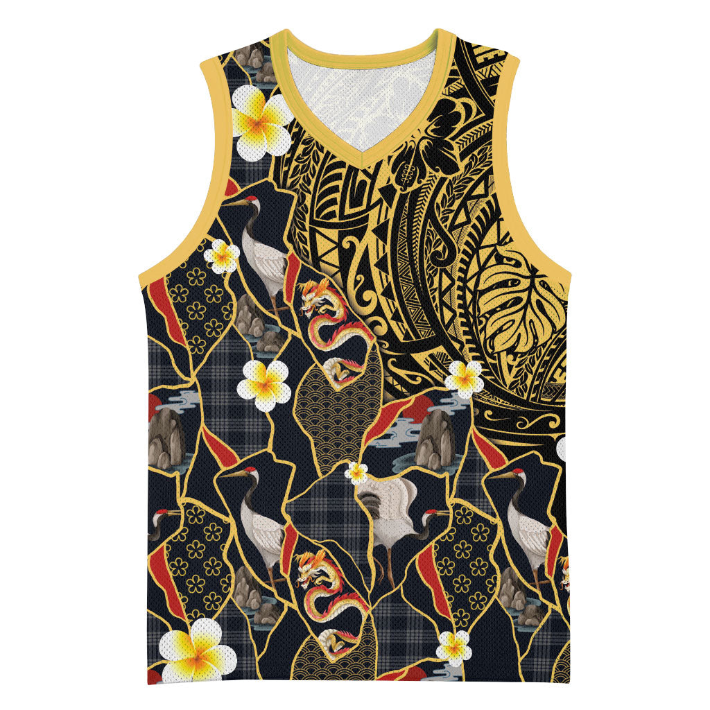 Hawaiian and Japanese Basketball Jersey Polynesian Tattoo with Japanese Culture Kintsugi Style LT03 Unisex Multicolor - Polynesian Pride