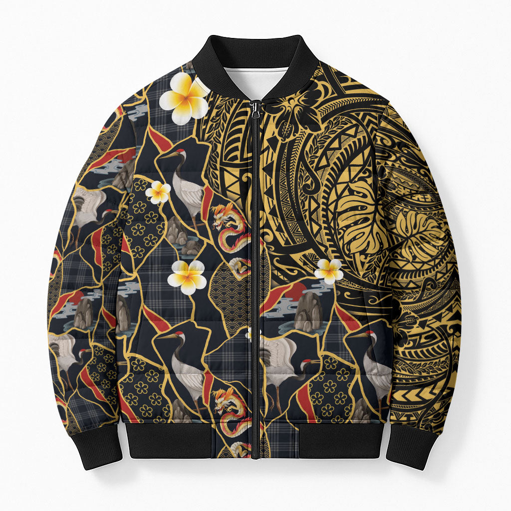 Hawaiian and Japanese Bomber Puffer Jacket Polynesian Tattoo with Japanese Culture Kintsugi Style LT03 Unisex Multicolor - Polynesian Pride