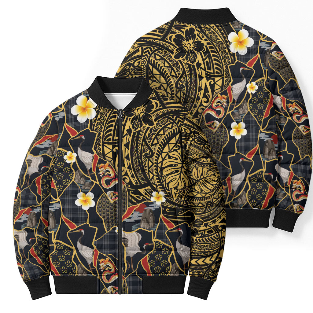 Hawaiian and Japanese Bomber Puffer Jacket Polynesian Tattoo with Japanese Culture Kintsugi Style LT03 - Polynesian Pride