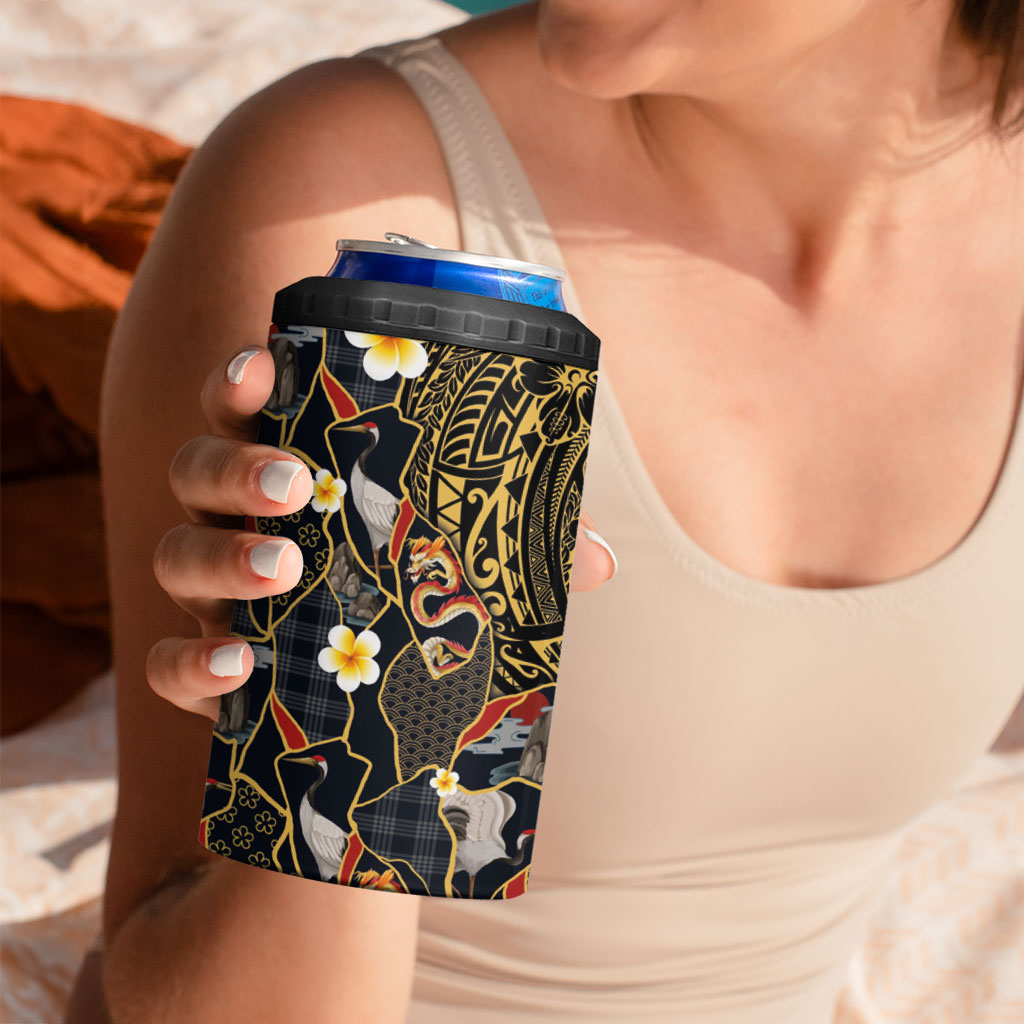 Hawaiian and Japanese 4 in 1 Can Cooler Tumbler Polynesian Tattoo with Japanese Culture Kintsugi Style LT03 - Polynesian Pride