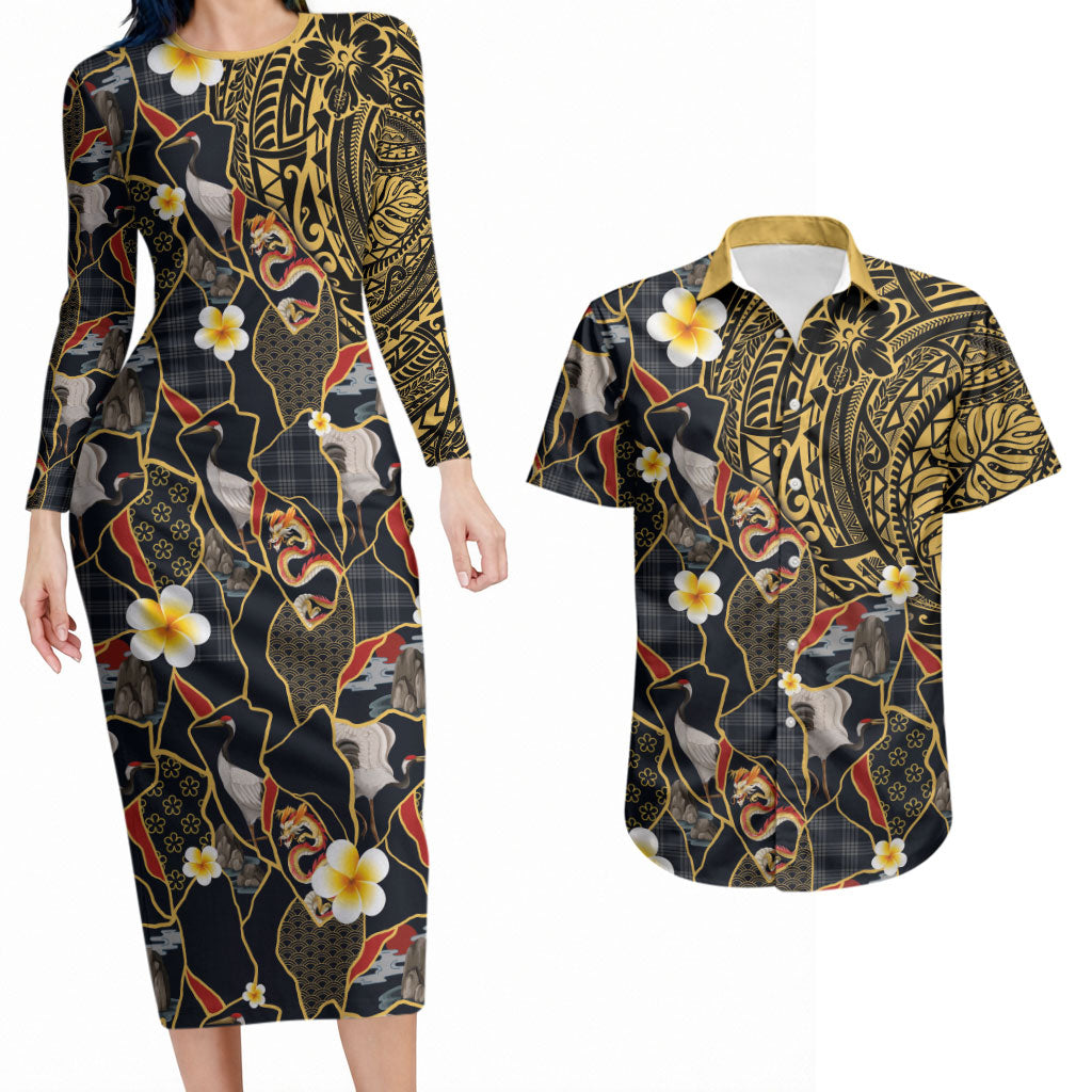Hawaiian and Japanese Couples Matching Long Sleeve Bodycon Dress and Hawaiian Shirt Polynesian Tattoo with Japanese Culture Kintsugi Style