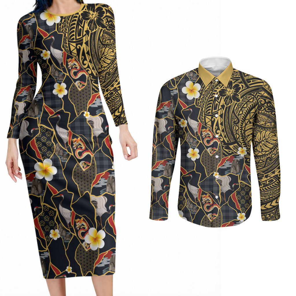 Hawaiian and Japanese Couples Matching Long Sleeve Bodycon Dress and Long Sleeve Button Shirt Polynesian Tattoo with Japanese Culture Kintsugi Style LT03 Multicolor - Polynesian Pride