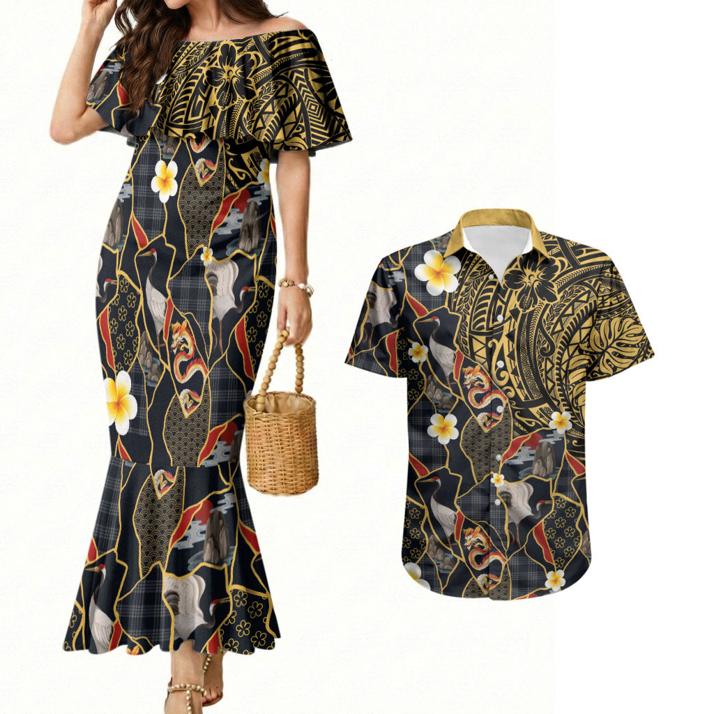 Hawaiian and Japanese Couples Matching Mermaid Dress and Hawaiian Shirt Polynesian Tattoo with Japanese Culture Kintsugi Style LT03 Multicolor - Polynesian Pride