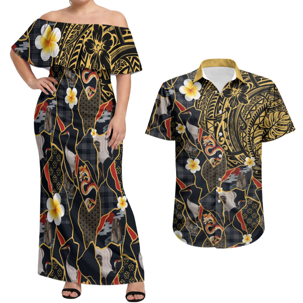 Hawaiian and Japanese Couples Matching Off Shoulder Maxi Dress and Hawaiian Shirt Polynesian Tattoo with Japanese Culture Kintsugi Style LT03 Multicolor - Polynesian Pride
