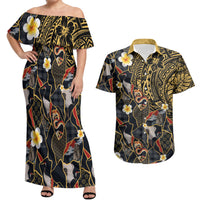 Hawaiian and Japanese Couples Matching Off Shoulder Maxi Dress and Hawaiian Shirt Polynesian Tattoo with Japanese Culture Kintsugi Style LT03 Multicolor - Polynesian Pride