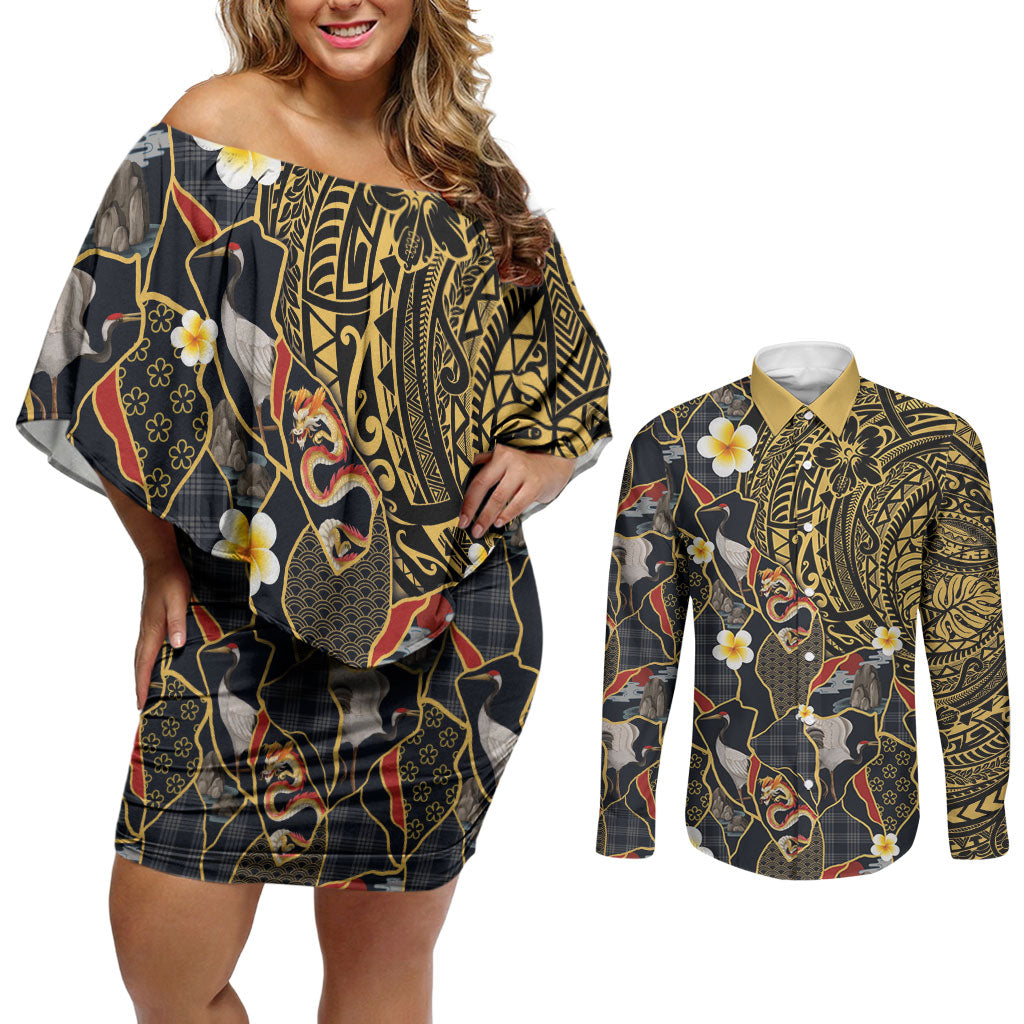 Hawaiian and Japanese Couples Matching Off Shoulder Short Dress and Long Sleeve Button Shirt Polynesian Tattoo with Japanese Culture Kintsugi Style LT03 Multicolor - Polynesian Pride