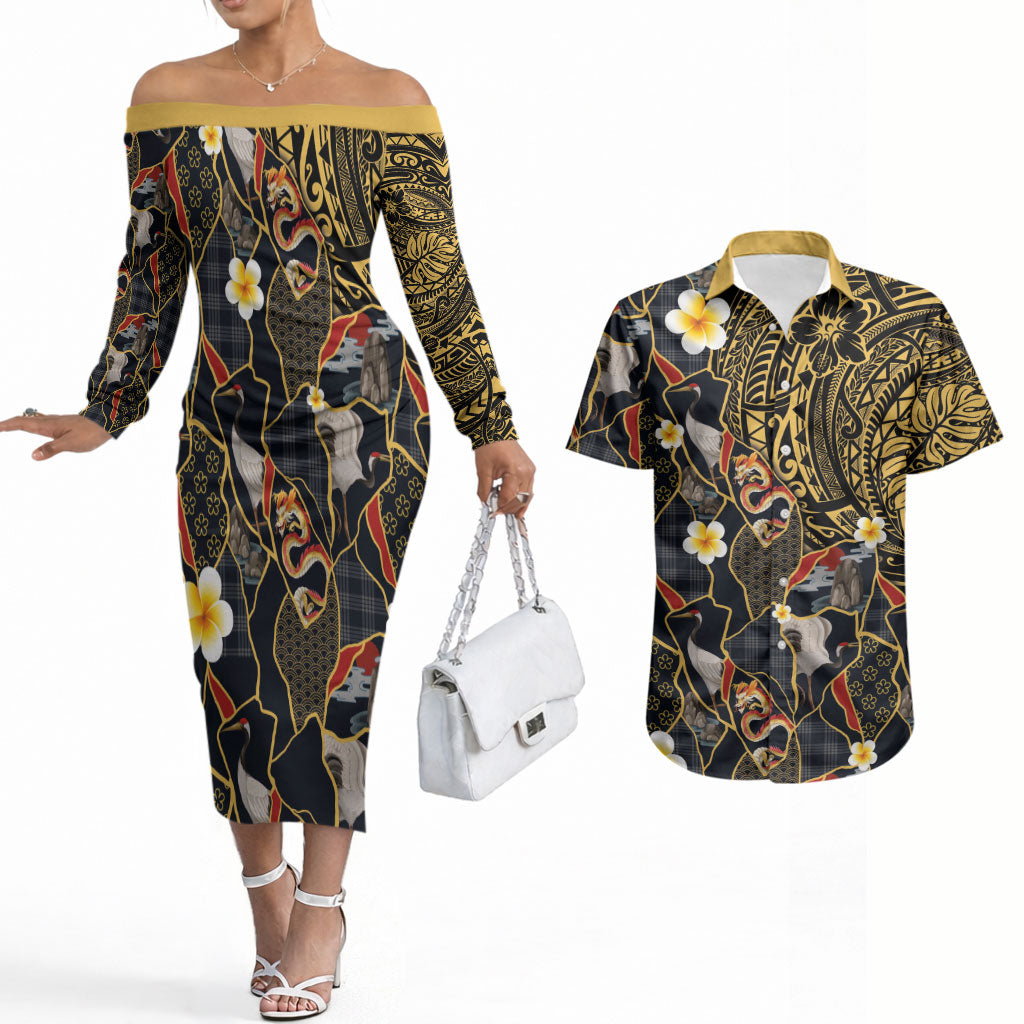 Hawaiian and Japanese Couples Matching Off The Shoulder Long Sleeve Dress and Hawaiian Shirt Polynesian Tattoo with Japanese Culture Kintsugi Style LT03 Multicolor - Polynesian Pride