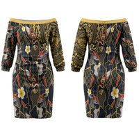 Hawaiian and Japanese Couples Matching Off The Shoulder Long Sleeve Dress and Hawaiian Shirt Polynesian Tattoo with Japanese Culture Kintsugi Style LT03 - Polynesian Pride