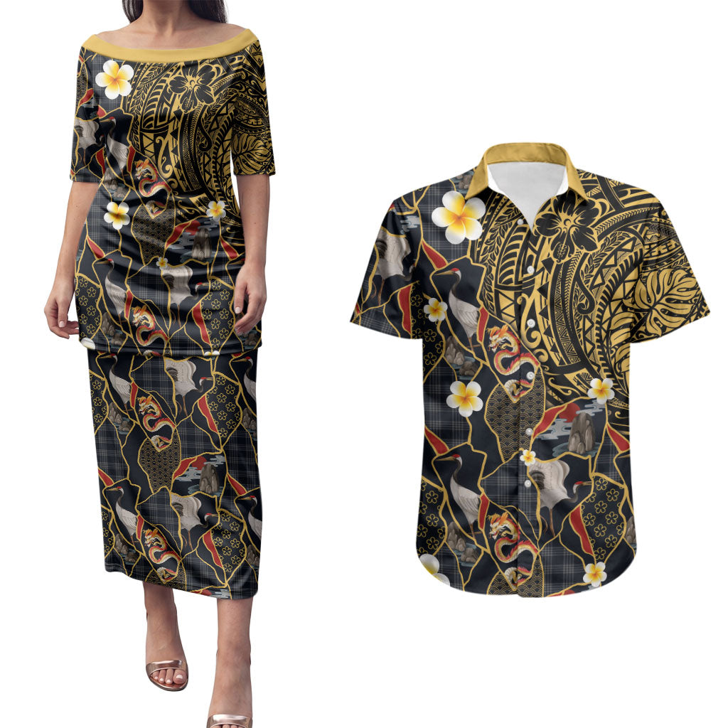 Hawaiian and Japanese Couples Matching Puletasi and Hawaiian Shirt Polynesian Tattoo with Japanese Culture Kintsugi Style LT03 Multicolor - Polynesian Pride