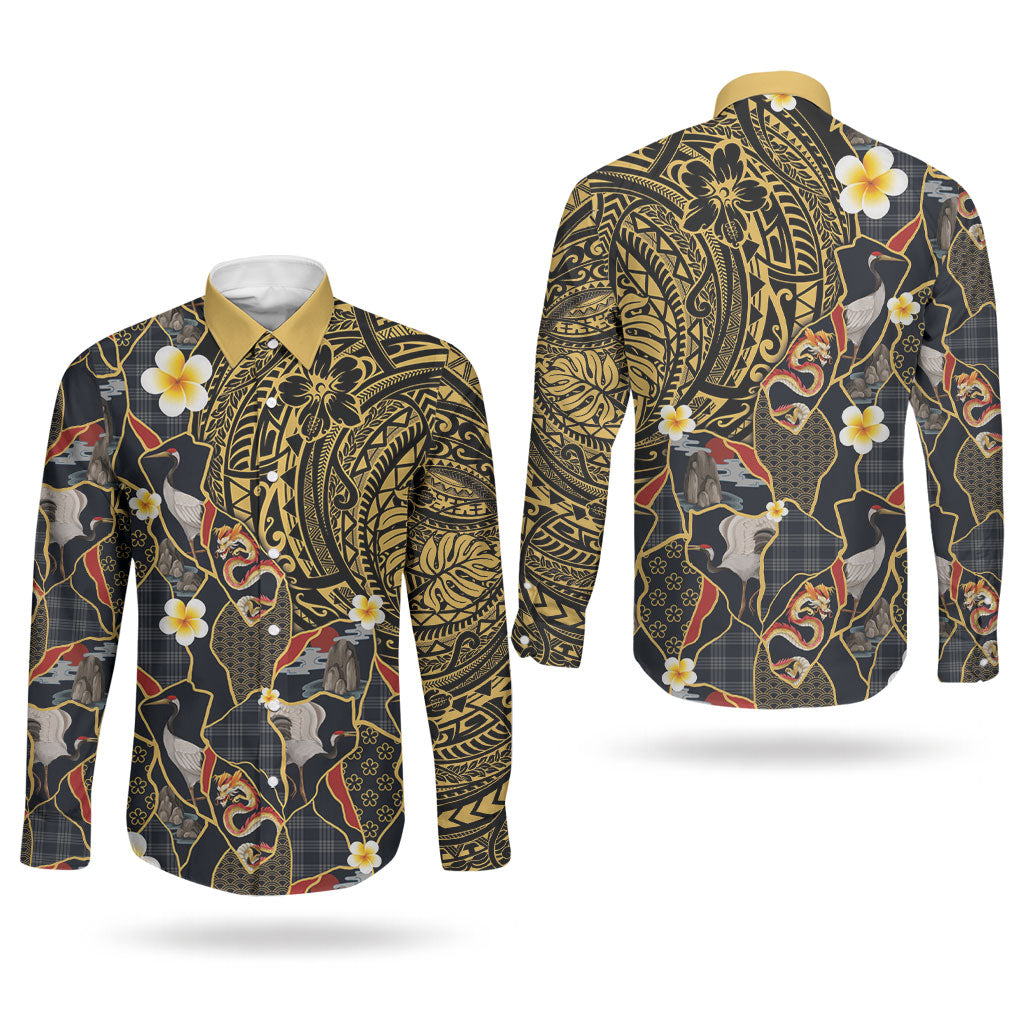 Hawaiian and Japanese Couples Matching Puletasi and Long Sleeve Button Shirt Polynesian Tattoo with Japanese Culture Kintsugi Style LT03 - Polynesian Pride