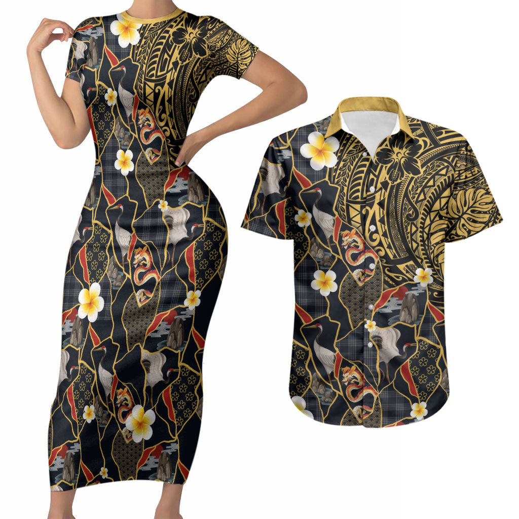 Hawaiian and Japanese Couples Matching Short Sleeve Bodycon Dress and Hawaiian Shirt Polynesian Tattoo with Japanese Culture Kintsugi Style LT03 Multicolor - Polynesian Pride