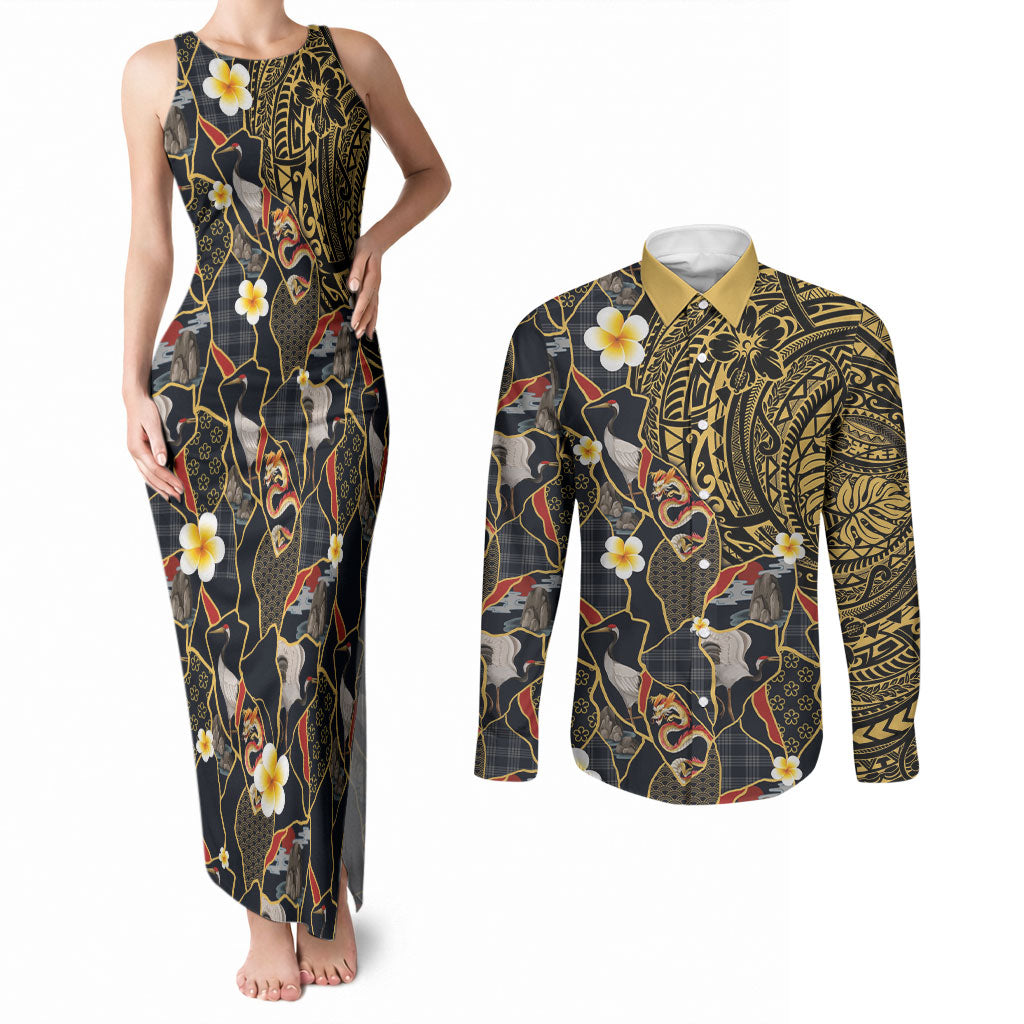 Hawaiian and Japanese Couples Matching Tank Maxi Dress and Long Sleeve Button Shirt Polynesian Tattoo with Japanese Culture Kintsugi Style