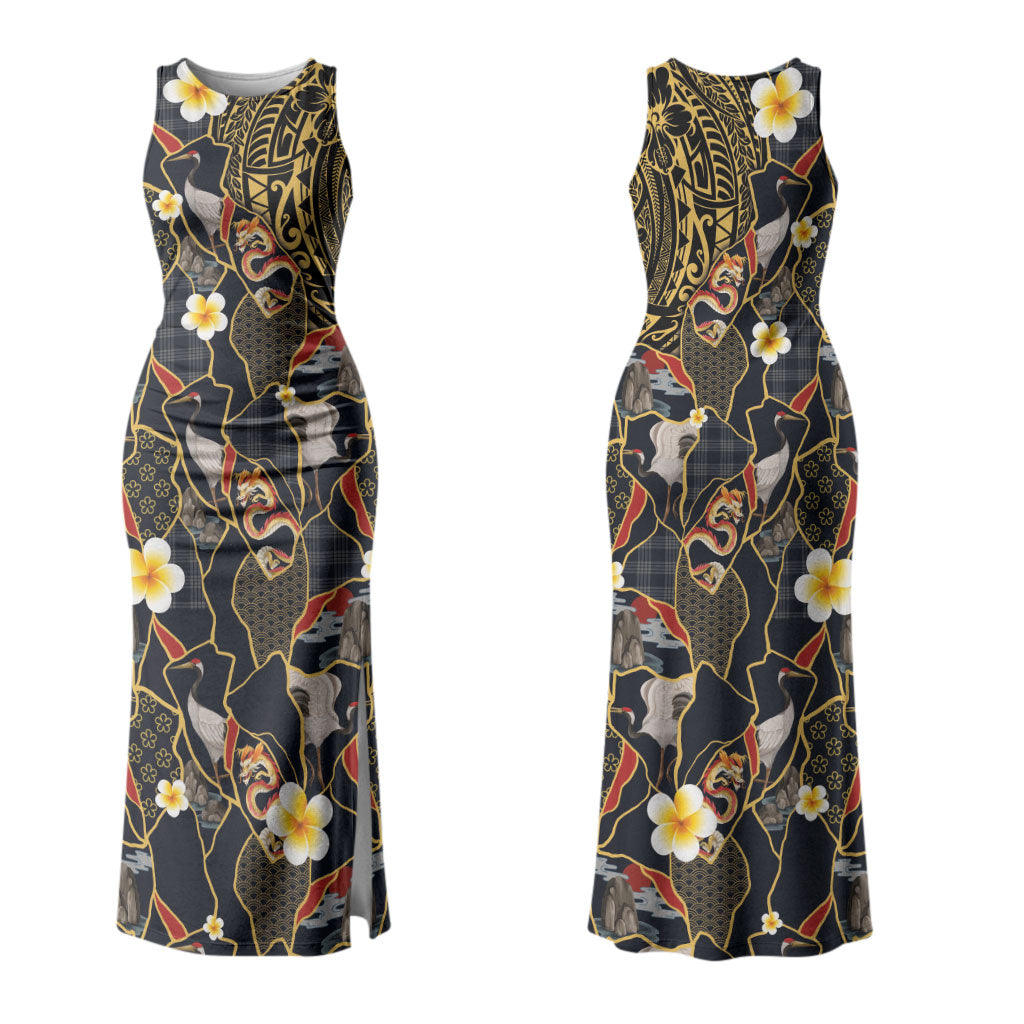 Hawaiian and Japanese Couples Matching Tank Maxi Dress and Long Sleeve Button Shirt Polynesian Tattoo with Japanese Culture Kintsugi Style LT03 - Polynesian Pride