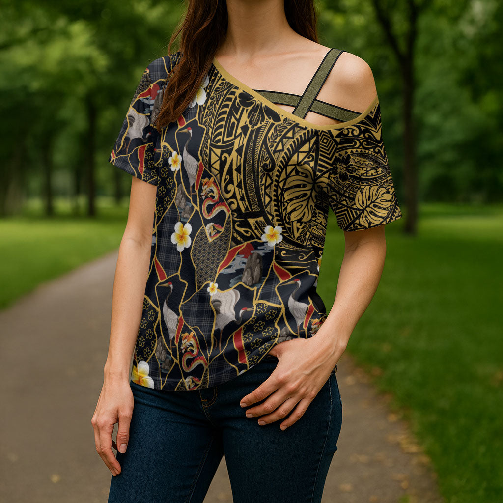 Hawaiian and Japanese Cross Shoulder Shirt Polynesian Tattoo with Japanese Culture Kintsugi Style LT03 - Polynesian Pride