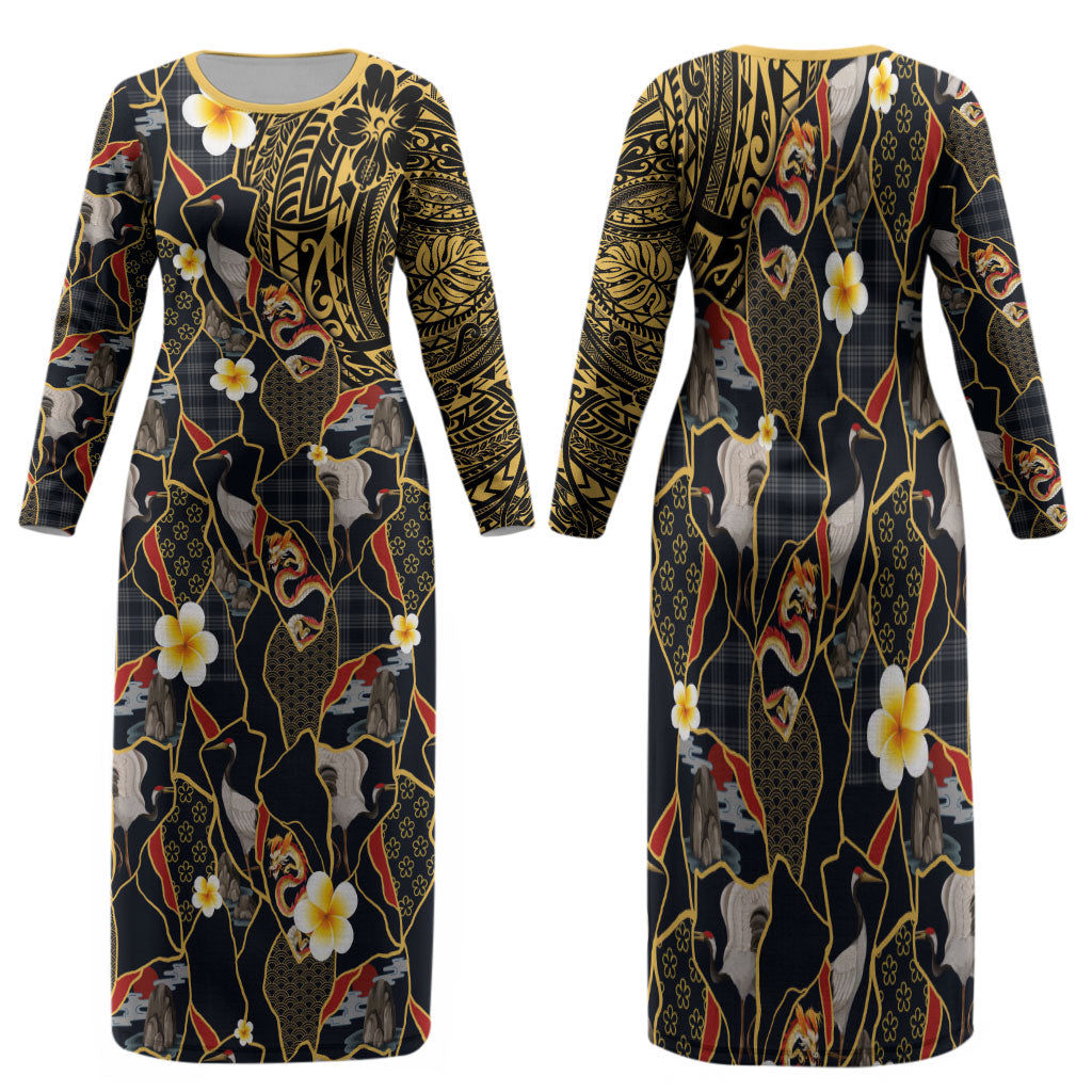 Hawaiian and Japanese Family Matching Long Sleeve Bodycon Dress and Hawaiian Shirt Polynesian Tattoo with Japanese Culture Kintsugi Style LT03 Mom's Dress Multicolor - Polynesian Pride