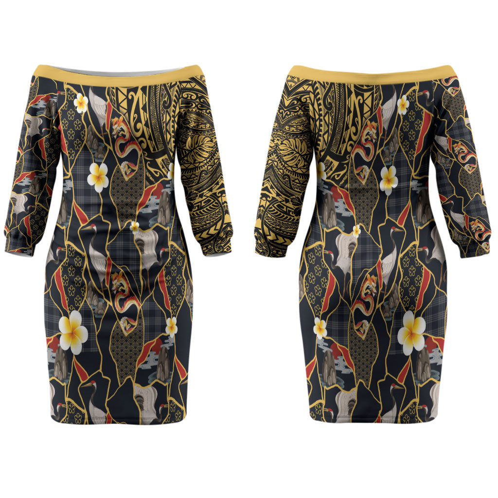 Hawaiian and Japanese Family Matching Off The Shoulder Long Sleeve Dress and Hawaiian Shirt Polynesian Tattoo with Japanese Culture Kintsugi Style LT03 Mom's Dress Multicolor - Polynesian Pride