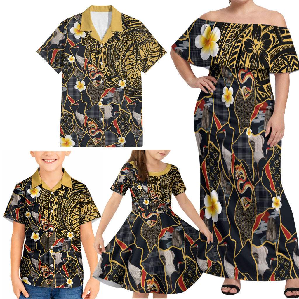 Hawaiian and Japanese Family Matching Off Shoulder Maxi Dress and Hawaiian Shirt Polynesian Tattoo with Japanese Culture Kintsugi Style LT03 - Polynesian Pride