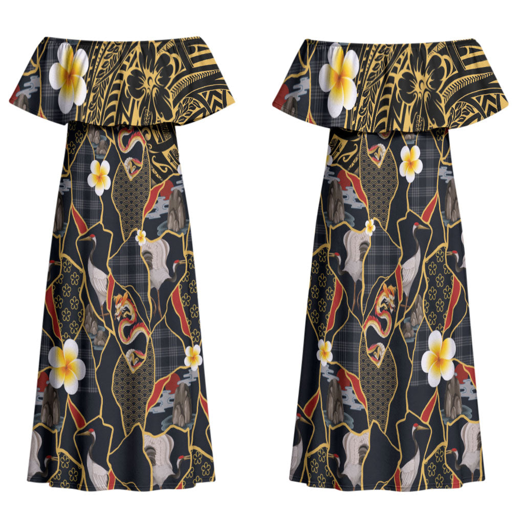 Hawaiian and Japanese Family Matching Off Shoulder Maxi Dress and Hawaiian Shirt Polynesian Tattoo with Japanese Culture Kintsugi Style LT03 Mom's Dress Multicolor - Polynesian Pride