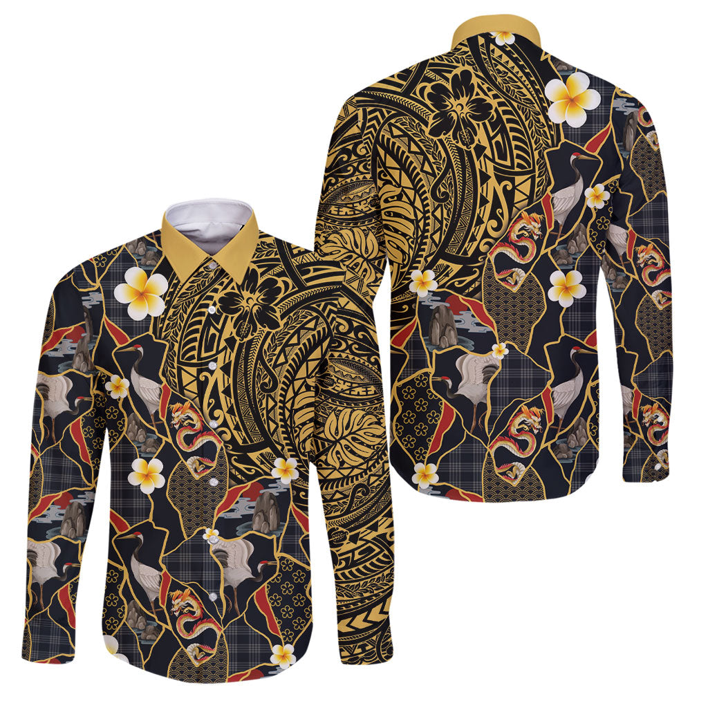 Hawaiian and Japanese Family Matching Off Shoulder Maxi Dress and Hawaiian Shirt Polynesian Tattoo with Japanese Culture Kintsugi Style LT03 Dad's Shirt - Long Sleeve Multicolor - Polynesian Pride