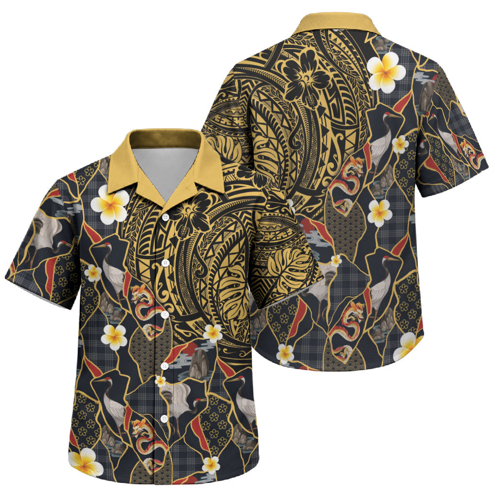 Hawaiian and Japanese Family Matching Off Shoulder Maxi Dress and Hawaiian Shirt Polynesian Tattoo with Japanese Culture Kintsugi Style LT03 Son's Shirt Multicolor - Polynesian Pride