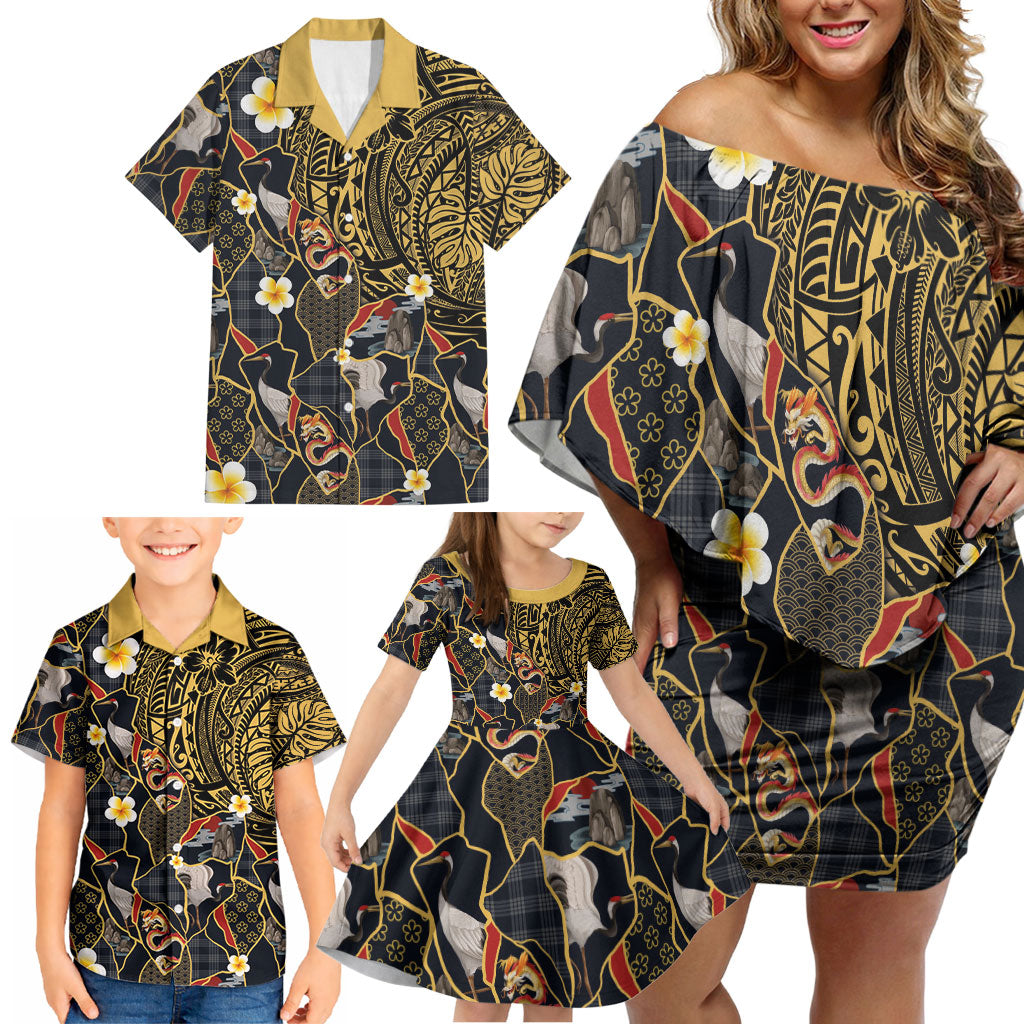 Hawaiian and Japanese Family Matching Off Shoulder Short Dress and Hawaiian Shirt Polynesian Tattoo with Japanese Culture Kintsugi Style