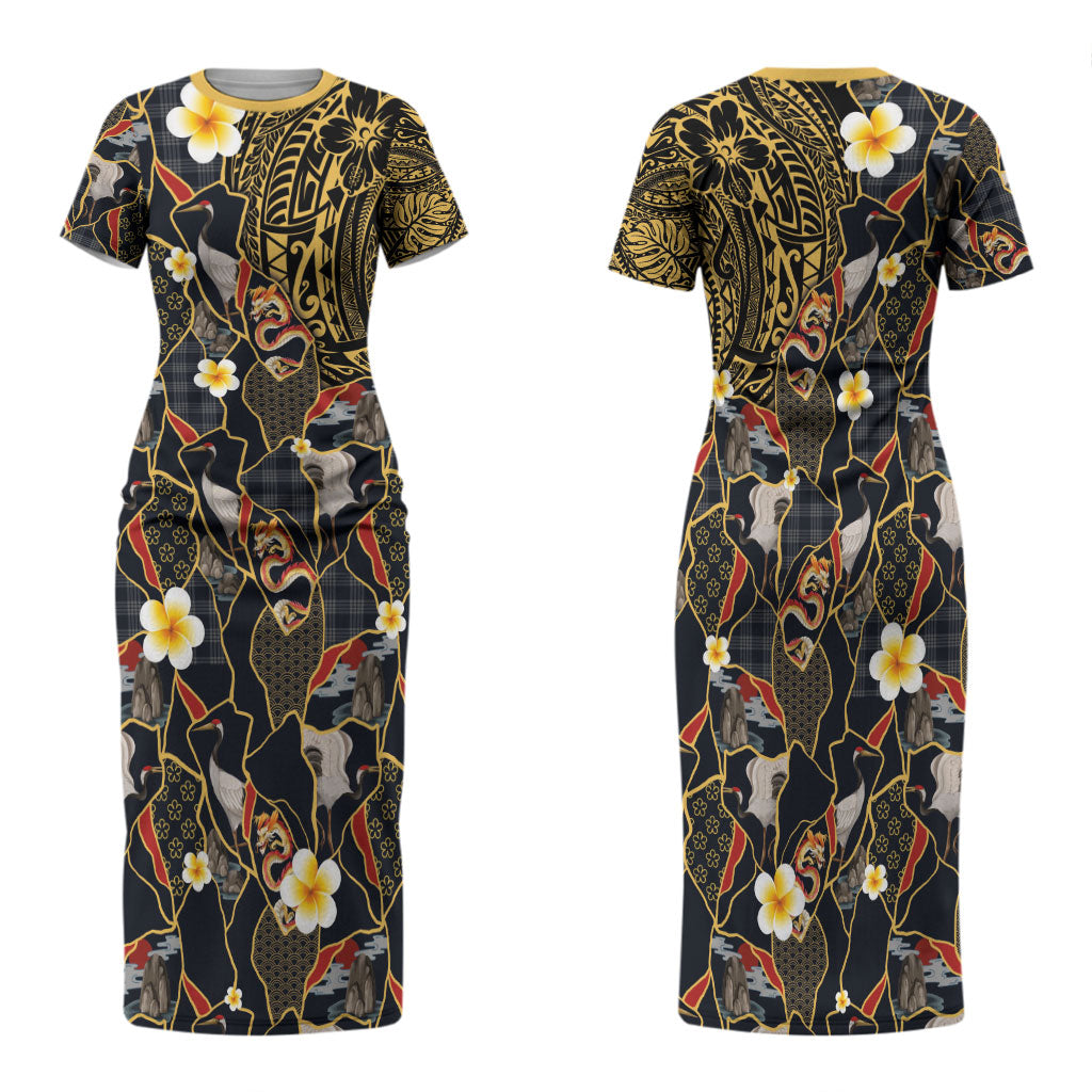 Hawaiian and Japanese Family Matching Short Sleeve Bodycon Dress and Hawaiian Shirt Polynesian Tattoo with Japanese Culture Kintsugi Style LT03 Mom's Dress Multicolor - Polynesian Pride