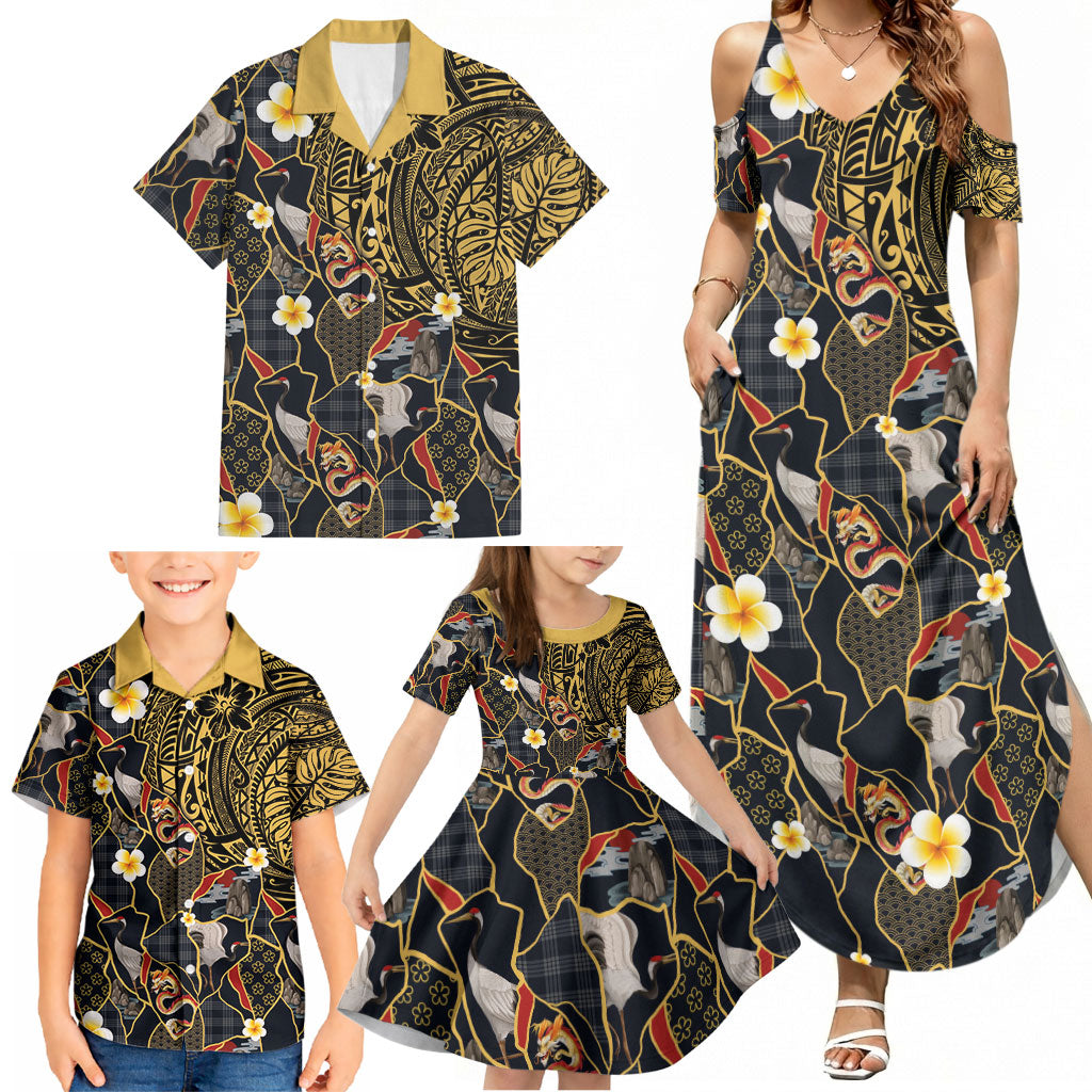 Hawaiian and Japanese Family Matching Summer Maxi Dress and Hawaiian Shirt Polynesian Tattoo with Japanese Culture Kintsugi Style