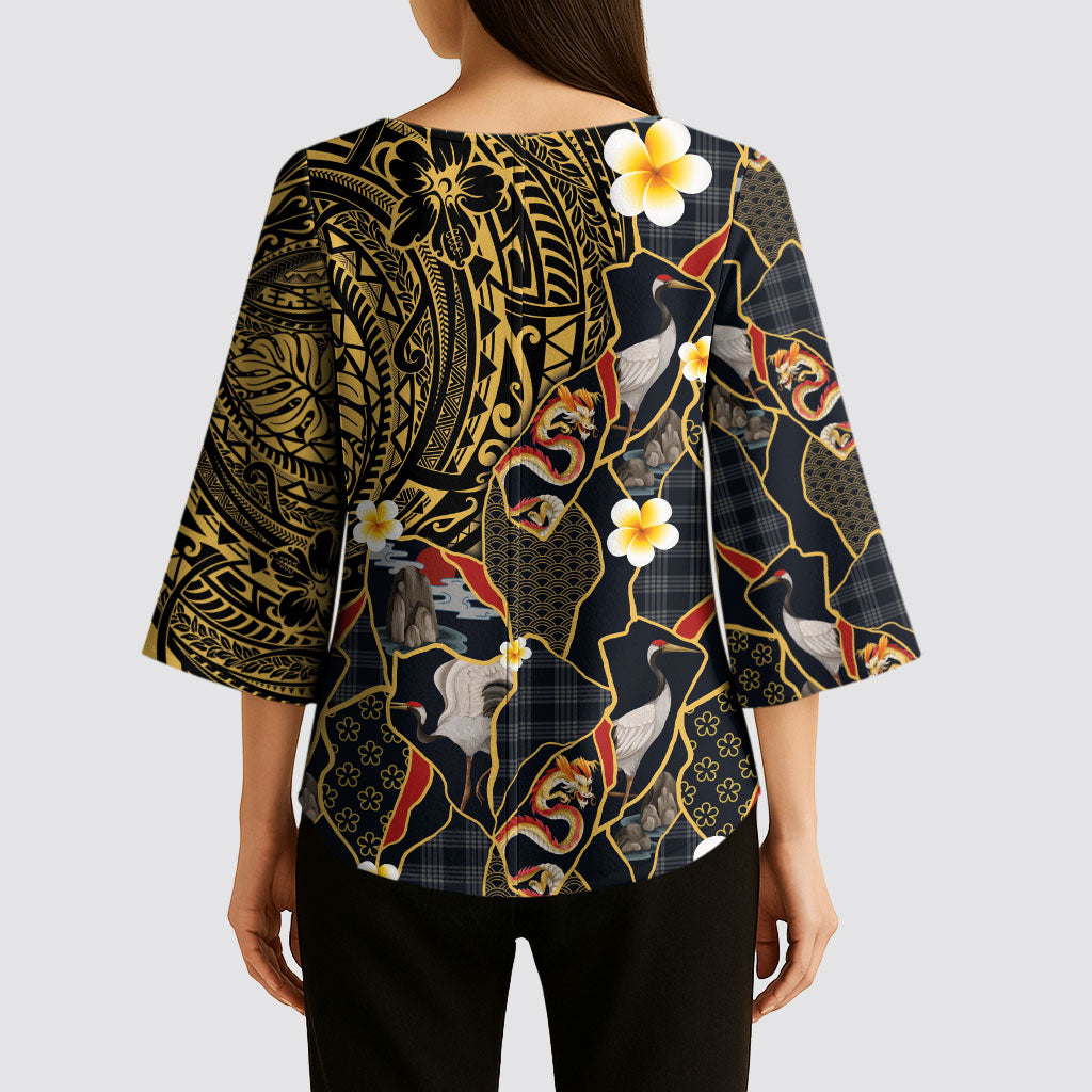 Hawaiian and Japanese Kimono Sleeve Blouse Polynesian Tattoo with Japanese Culture Kintsugi Style LT03 - Polynesian Pride