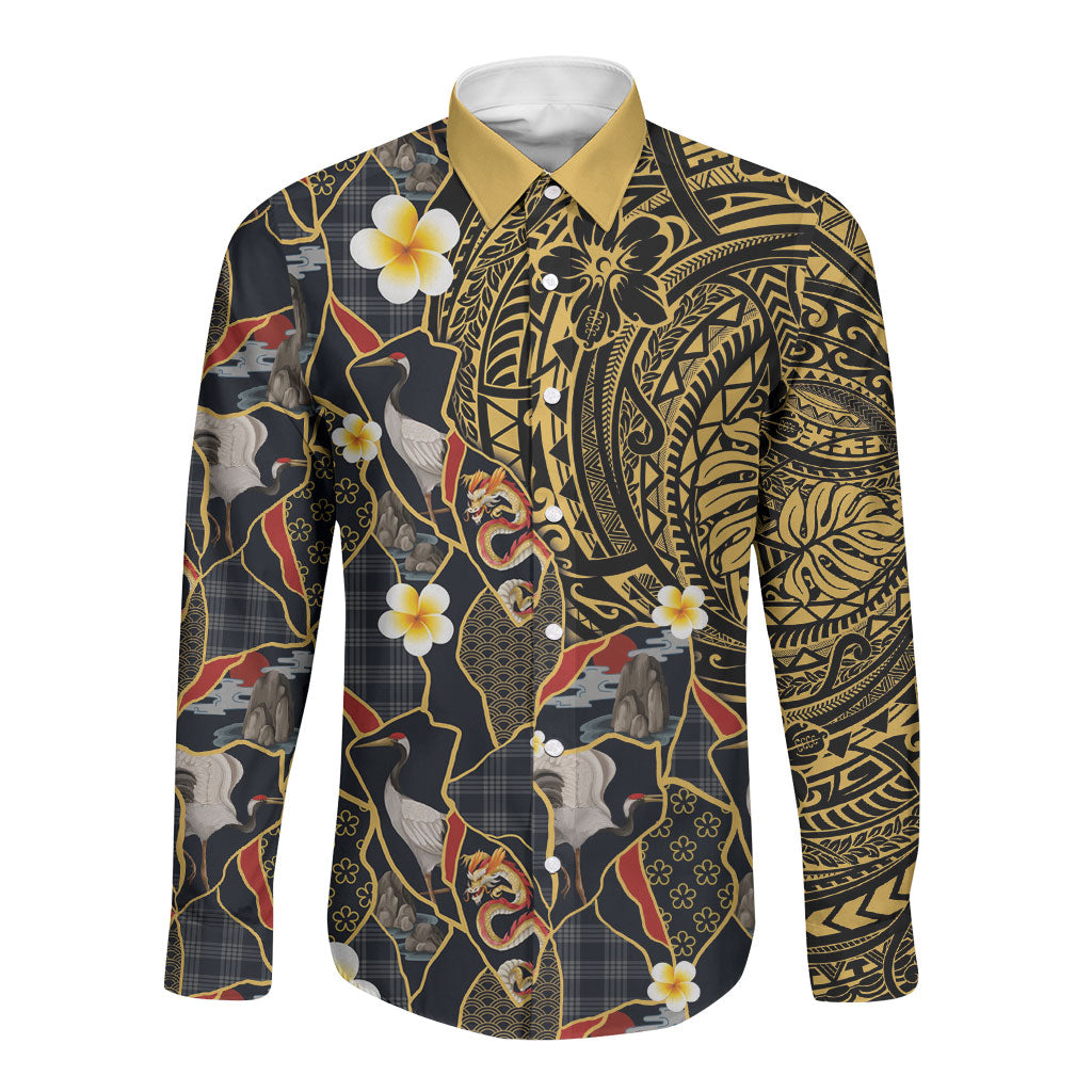 Hawaiian and Japanese Long Sleeve Button Shirt Polynesian Tattoo with Japanese Culture Kintsugi Style LT03 Unisex Multicolor - Polynesian Pride
