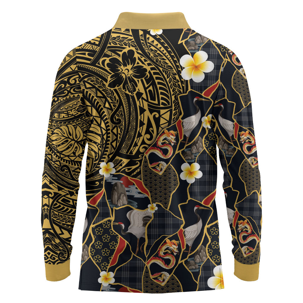 Hawaiian and Japanese Long Sleeve Polo Shirt Polynesian Tattoo with Japanese Culture Kintsugi Style LT03 - Polynesian Pride